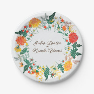 Pastel Oranje Gele Lente Dahlia Bloemen Bruiloft Papieren Bordje