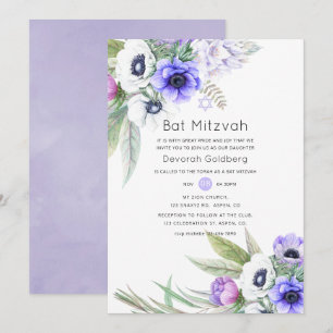 Pastel Paars en Pruim Bloemstuk Bat Mitzvah Kaart