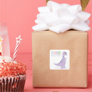 Pastel Paarse Baby Dinosaurussen Roar Verjaardagsf Vierkante Sticker