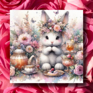 Pastel Paarse Bloemen Fantasy Konijnenthee Pasen Feestdagenkaart