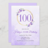 Pastel Paarse Bloemen Gouden Krans 100e Verjaardag Kaart (Voorkant / Achterkant)