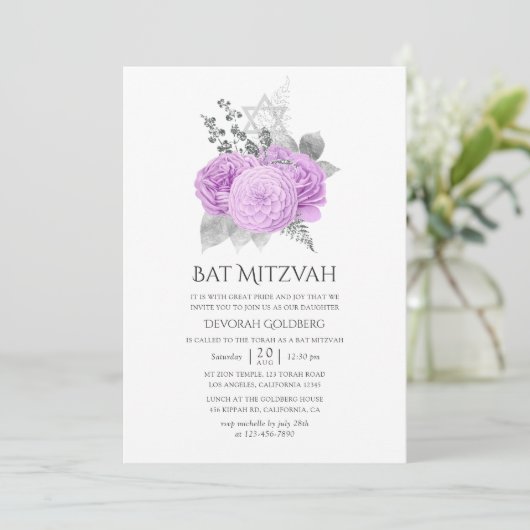 Pastel Paarse en Zilveren Roos Bat Mitzvah Kaart (Staand voorkant)