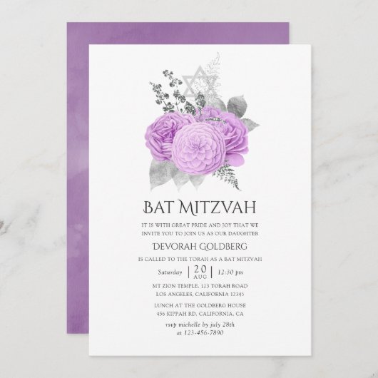Pastel Paarse en Zilveren Roos Bat Mitzvah Kaart (Voorkant / Achterkant)