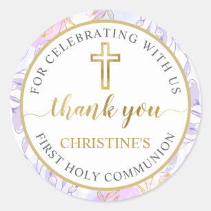 Pastel Paarse Gouden Bloem Eerste Heilige Communie Ronde Sticker