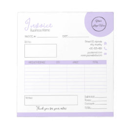 Pastel paarse met logo vrouwelijke bedrijfsfactuur notitieblok