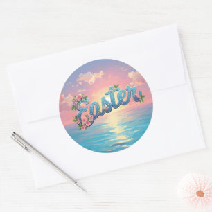 Pastel Paas Tekst Boven de Oceaan bij Zonsopgang Ronde Sticker