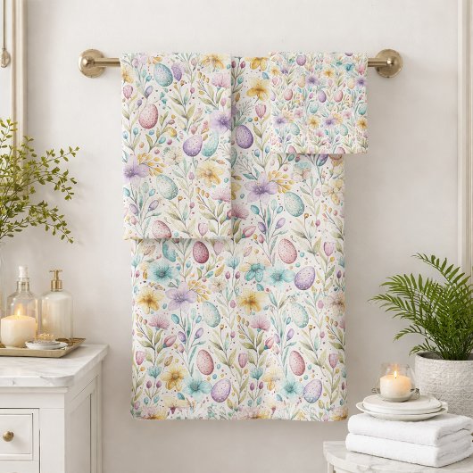 Pastel Paasei en Lente Bloemmotief Bad Handdoek