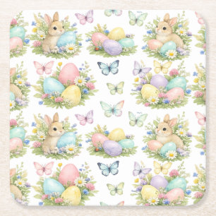 Pastel Paaseieren & Konijnen Bloemen & Vlinders Vierkante Kartonnen Onderzetter