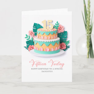 Pastel Papieren Uitgesneden Taart 15e Verjaardag Kaart