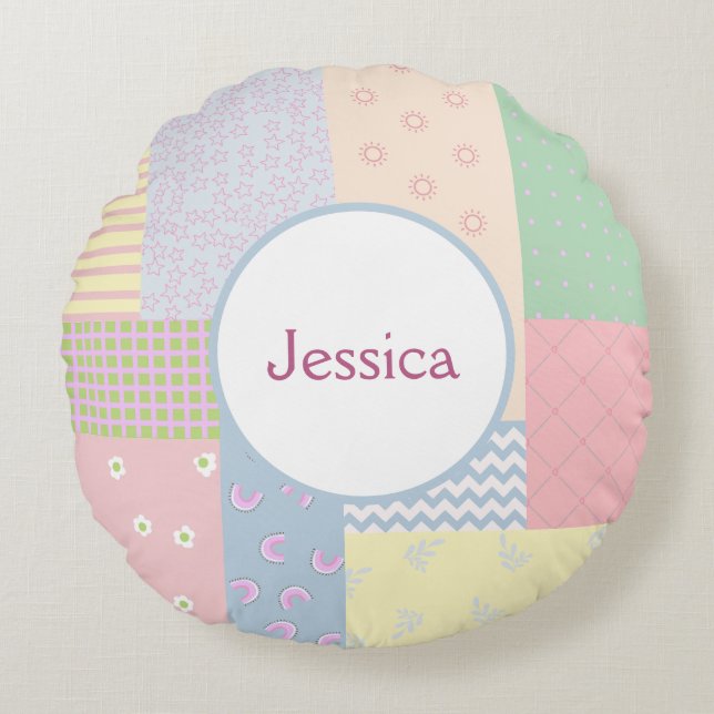 Pastel Patchwork Rond Kussen (Voorkant)