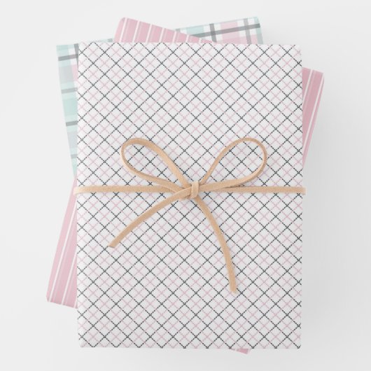 Pastel Pattern of Pink, Mint, Gray Plaid & Stripes Inpakpapier Vel (In situ)