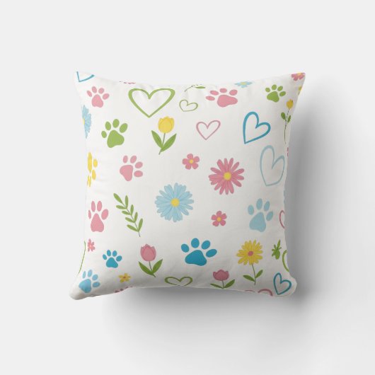 Pastel Paw Print en Hearts Sierkussen (Achterkant)