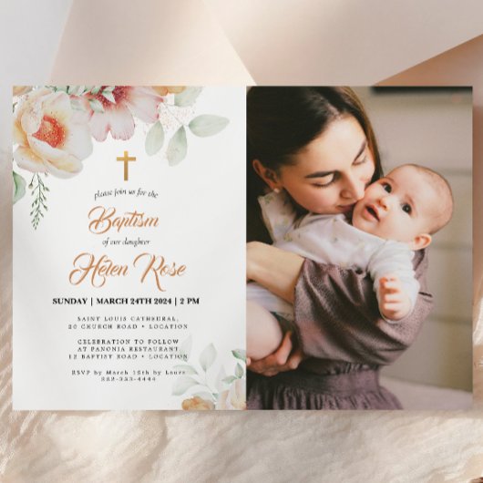 Pastel Peach Floral Aquarelle Baptême Invitation