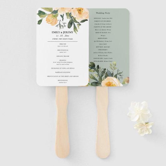 PASTEL PEACH GRAY PEONY FLORAL WEDDING PROGRAMMA HANDWAAIER (Voorkant en achterkant)