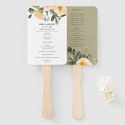 PASTEL PEACH KRAFT PEONY FLORAL WEDDING PROGRAMMA HANDWAAIER (Voorkant en achterkant)
