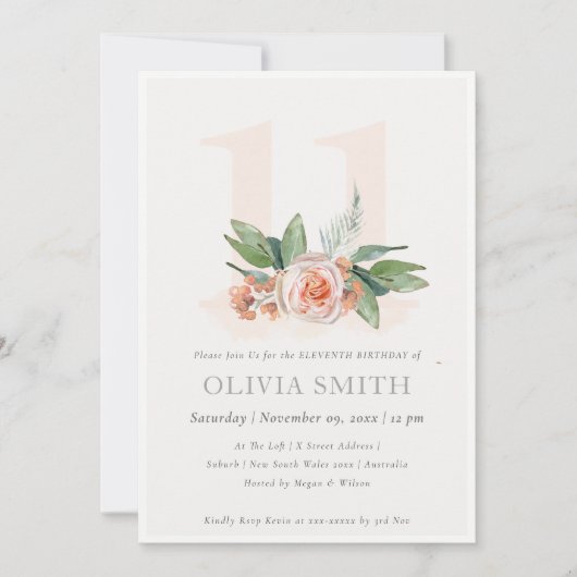 Pastel Peach Roos Floral Bunch 11 Birthday Invite Bedankkaart (Voorkant)