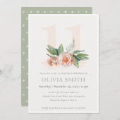 Pastel Peach Roos Floral Bunch 11 Birthday Invite Bedankkaart (Voorkant / Achterkant)