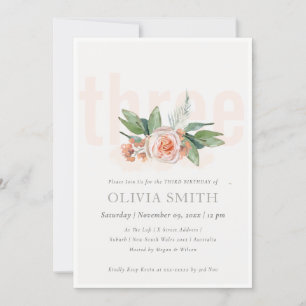 Pastel Peach Roos Floral Bunch 3rd Birthday Invite Bedankkaart