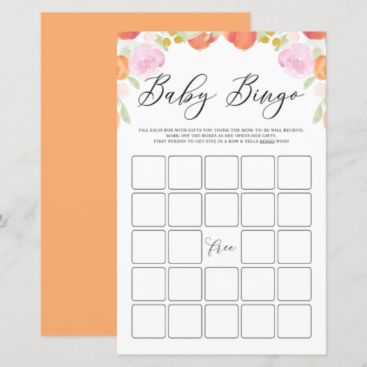 Pastel Peaches and Flowers Baby shower Bingo Game (Voorkant / Achterkant)