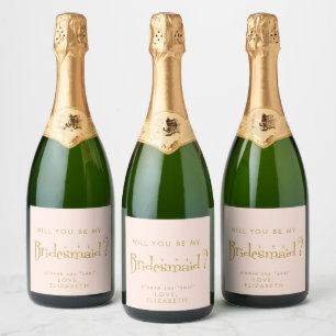 Pastel Peachy Roze Bruidsmeisje Voorstel Gift Sparkling Wijnetiket