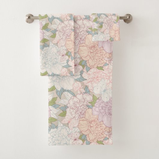 Pastel Peony & Butterfly Flower Pattern Bad Handdoek (Insitu)