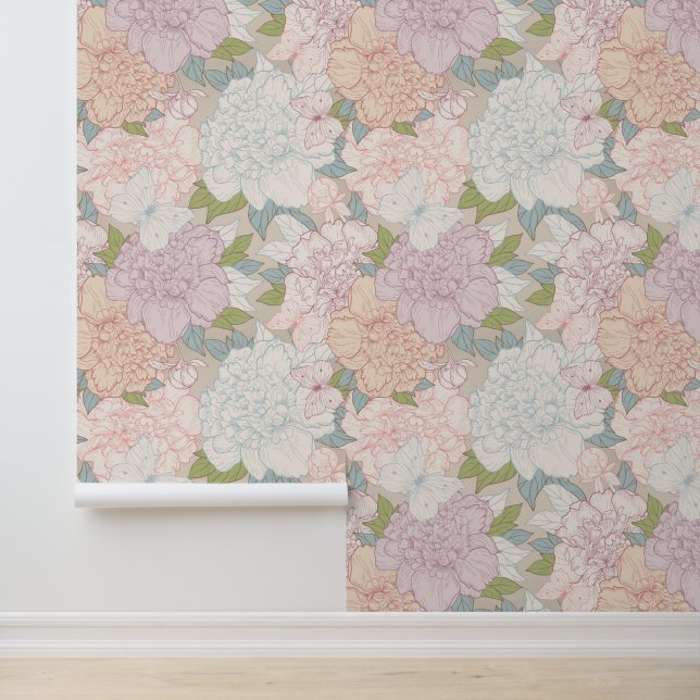 Pastel Peony & Butterfly Flower Pattern Behang (Applicatie)
