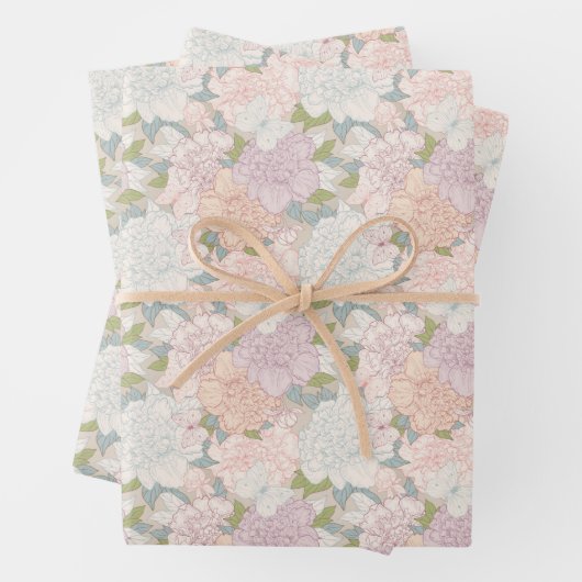 Pastel Peony & Butterfly Flower Pattern Inpakpapier Vel (In situ)