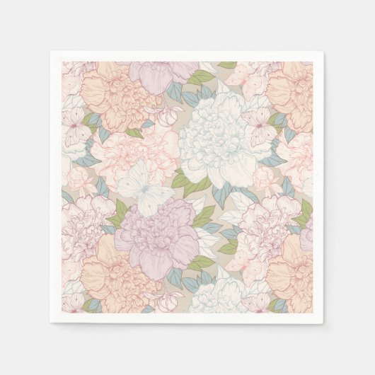 Pastel Peony & Butterfly Flower Pattern Servet (Voorkant)