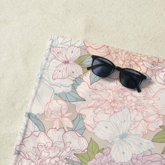 Pastel Peony & Butterfly Flower Pattern Strandlaken (In situ)