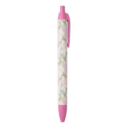 Pastel Peony & Butterfly Flower Pattern Zwarte Inkt Pen (Achterkant (Verticaal))