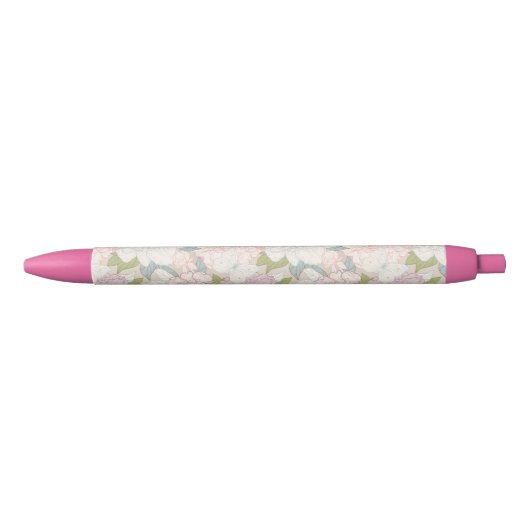Pastel Peony & Butterfly Flower Pattern Zwarte Inkt Pen (Voorkant)