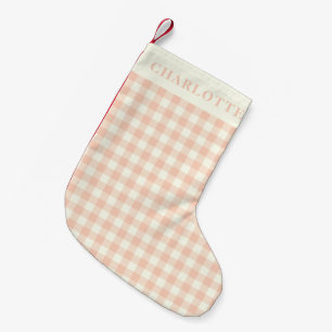 Pastel Perzik Gingham Buffalo Check Plaid Naam Kleine Kerstsok
