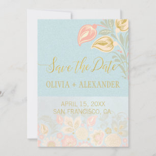 Pastel Perzik Goud Bloem Lentelichtblauwe Trouw Save The Date