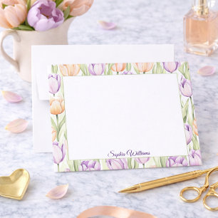 Pastel Perzik Paarse Tulpen Lente Bloemen Naam Notitiekaartje