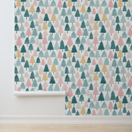 Pastel Pine Forest kerstbomen Patroon Behang
