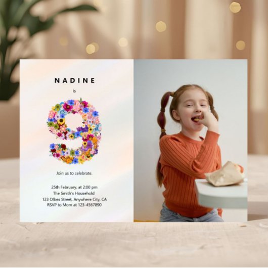 Pastel Pink 9e anniversaire Floral Invitation phot