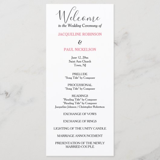 Pastel Pink Black Wedding Programme (Devant)