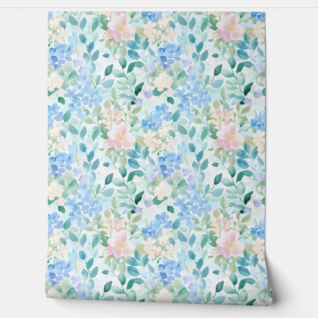 Pastel Pink Blue Floral Pattern  Behang (Afrollen)