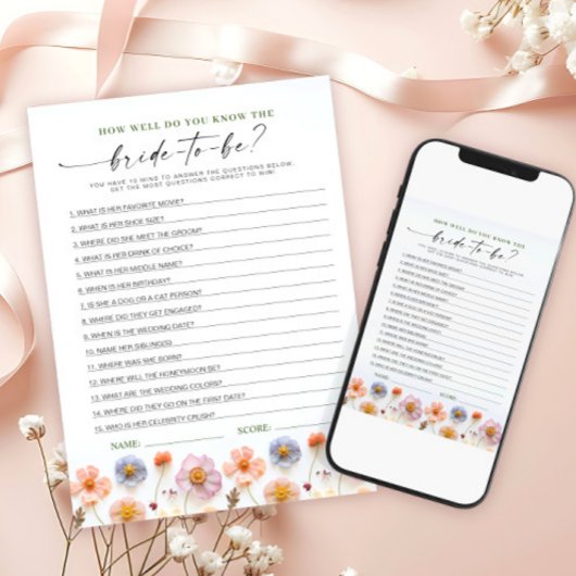 Pastel Pink Boho Fleur sauvage carte de jeu nuptia