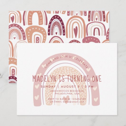 Pastel Pink Boho Rainbow First Birthday Kaart (Voorkant / Achterkant)