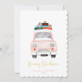 Pastel Pink Car Farmhouse Check Merry kerst Feestdagenkaart