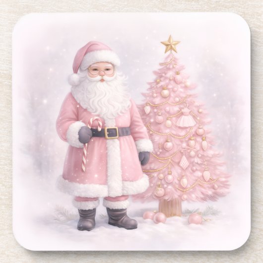 Pastel Pink Christmas Santa  Bier Onderzetter (Voorkant)