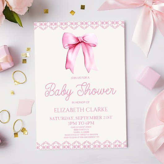 Pastel Pink Coquette Bow Baby shower Invitation