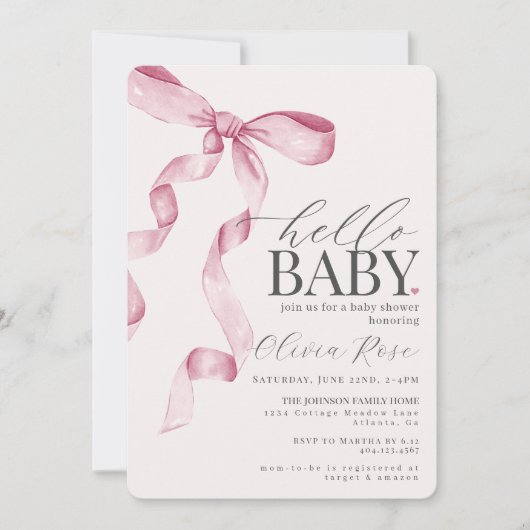 Pastel Pink Coquette Bow fille Invitation Baby sho (Devant)