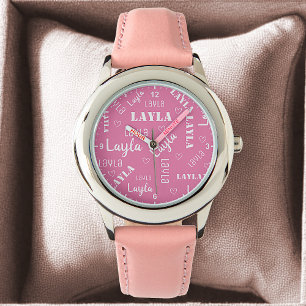 Pastel Pink Cute Word Art Persoonlijke naam Meisje Horloge