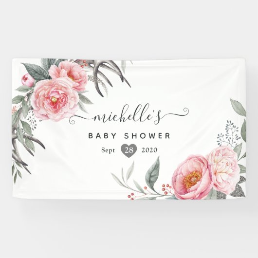 Pastel Pink en Gray Boho Floral Baby shower Spandoek (Horizontaal)