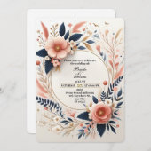 Pastel Pink et Navy Floral Faire-part de mariage (Devant / Derrière)