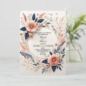 Pastel Pink et Navy Floral Faire-part de mariage (Debout devant)