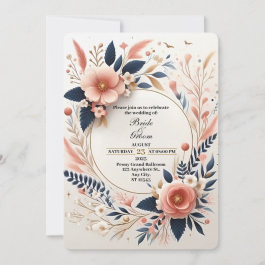 Pastel Pink et Navy Floral Faire-part de mariage (Devant)