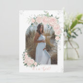Pastel Pink Floral Silver Baby shower FotoArch Kaart (Staand voorkant)